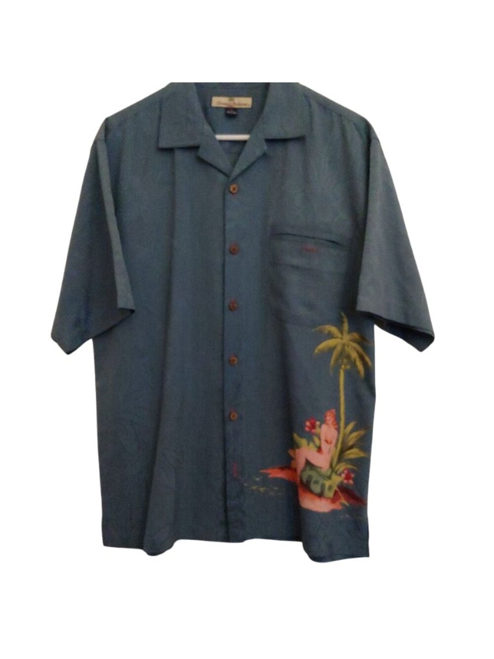 Tommy Bahama 100% Silk Blue Mens Short Sleeve Sexy Woman Button Shirt Small - Picture 2 of 10